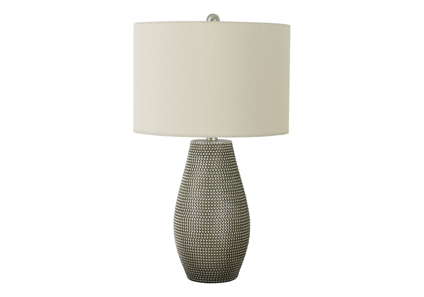 Table lamp by HouseOfZazla with a beaded metallic base and beige linen shade on Tampa Home & Garden Store