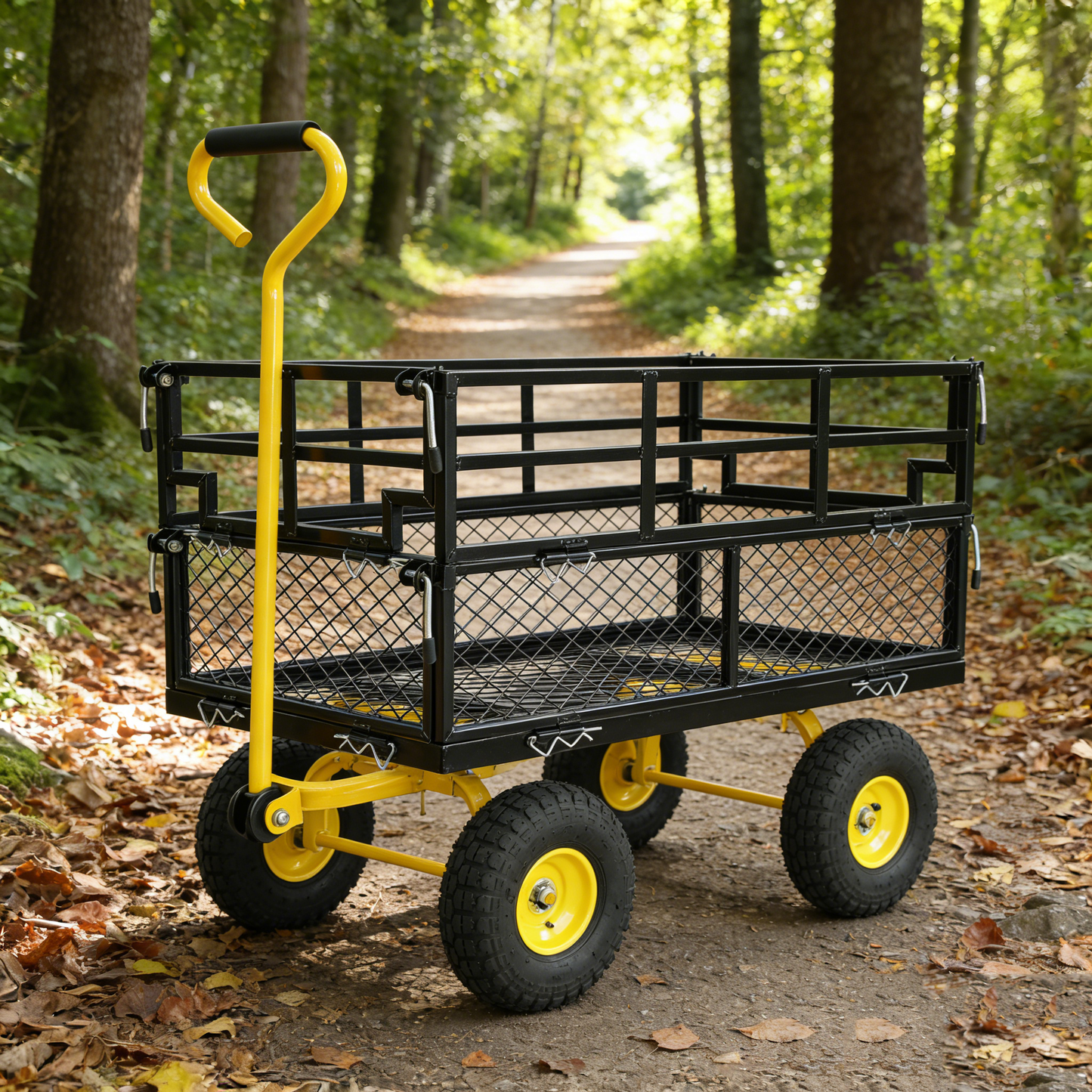 Wagon cart outdoor wagon by HouseOfZazla with yellow frame, black rails and rugged wheels on Tampa Home & Garden Store