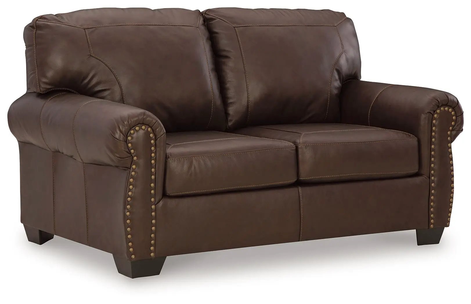 Colleton leather loveseat, brown upholstery with contrast stitching and brass nailhead trim on rolled arms on Tampa Home & Garden Store