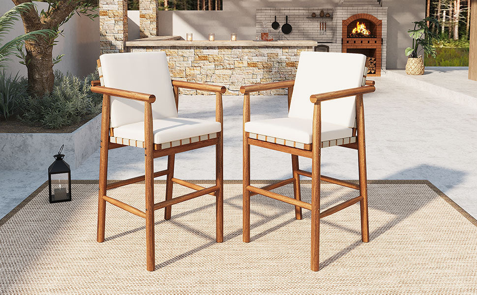 Outdoor counter-height bar stools set of 2 HouseOfZazla with white cushions and wood frames on Tampa Home & Garden Store
