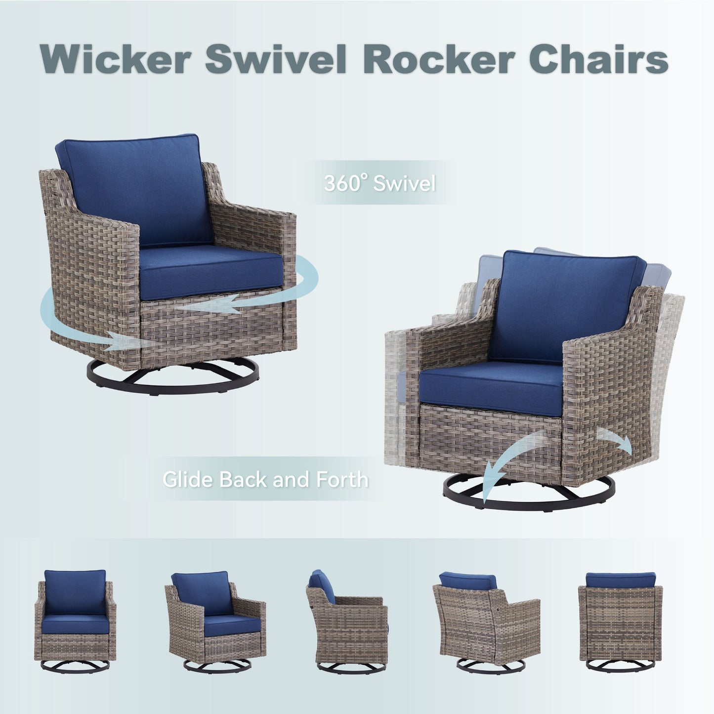 Swivel Outdoor Chairs Set of 2 with Glass-Top Side Table in brown wicker and navy cushions HouseOfZazla on Tampa Home & Garden Store