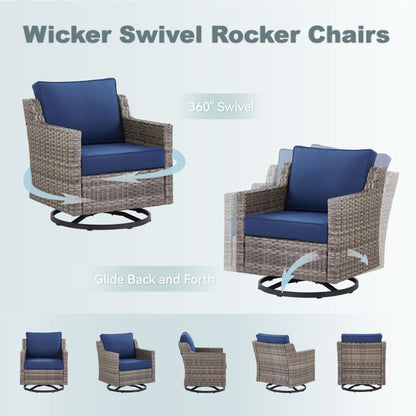 Swivel Outdoor Chairs Set of 2 with Glass-Top Side Table in brown wicker and navy cushions HouseOfZazla on Tampa Home & Garden Store