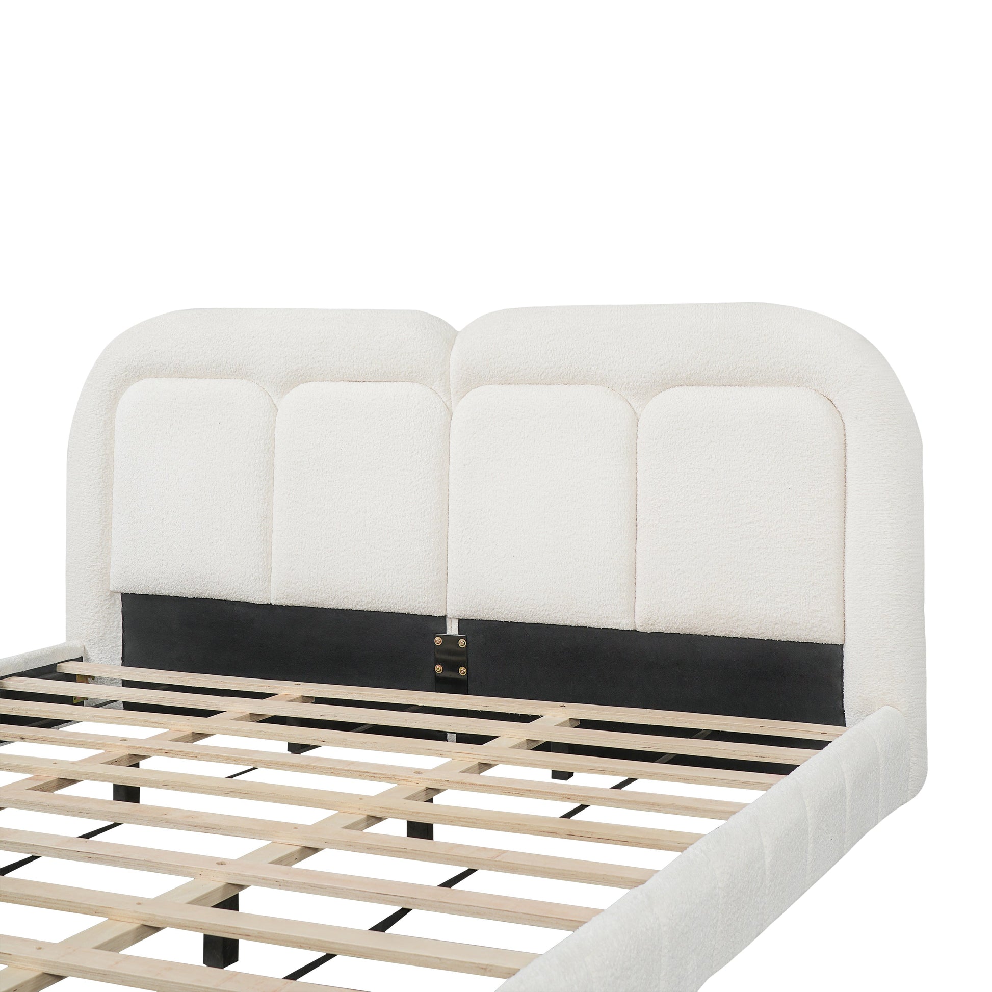 King size boucle upholstered platform bed with tufted headboard, ivory fabric, black base on Tampa Home & Garden Store