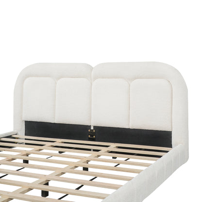 King size boucle upholstered platform bed with tufted headboard, ivory fabric, black base on Tampa Home & Garden Store