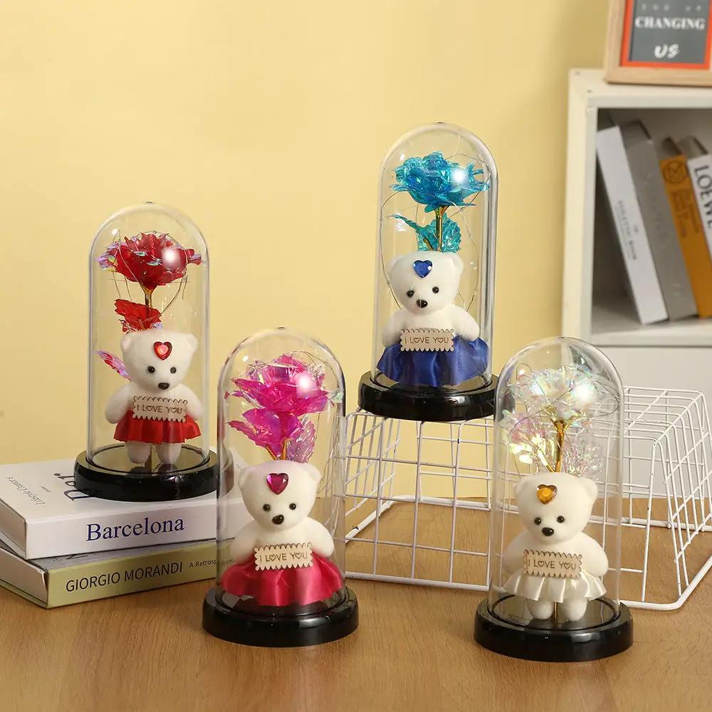 Rose Bear preserved under glass dome with LED; four teddy bears in red pink blue white dresses on Tampa Home & Garden Store