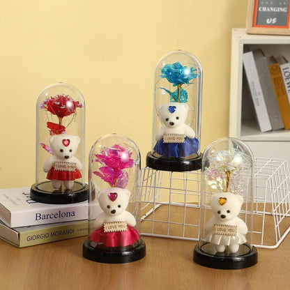 Rose Bear preserved under glass dome with LED; four teddy bears in red pink blue white dresses on Tampa Home & Garden Store