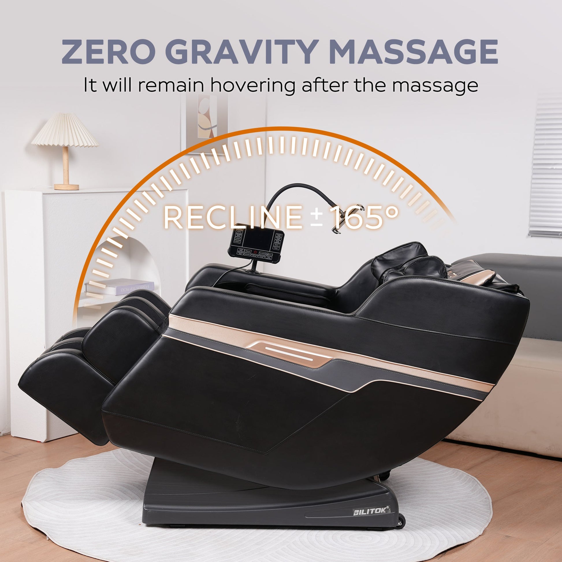 Massage chair recliner with zero gravity and full body air pressure, black leather, ILITOK base on Tampa Home & Garden Store