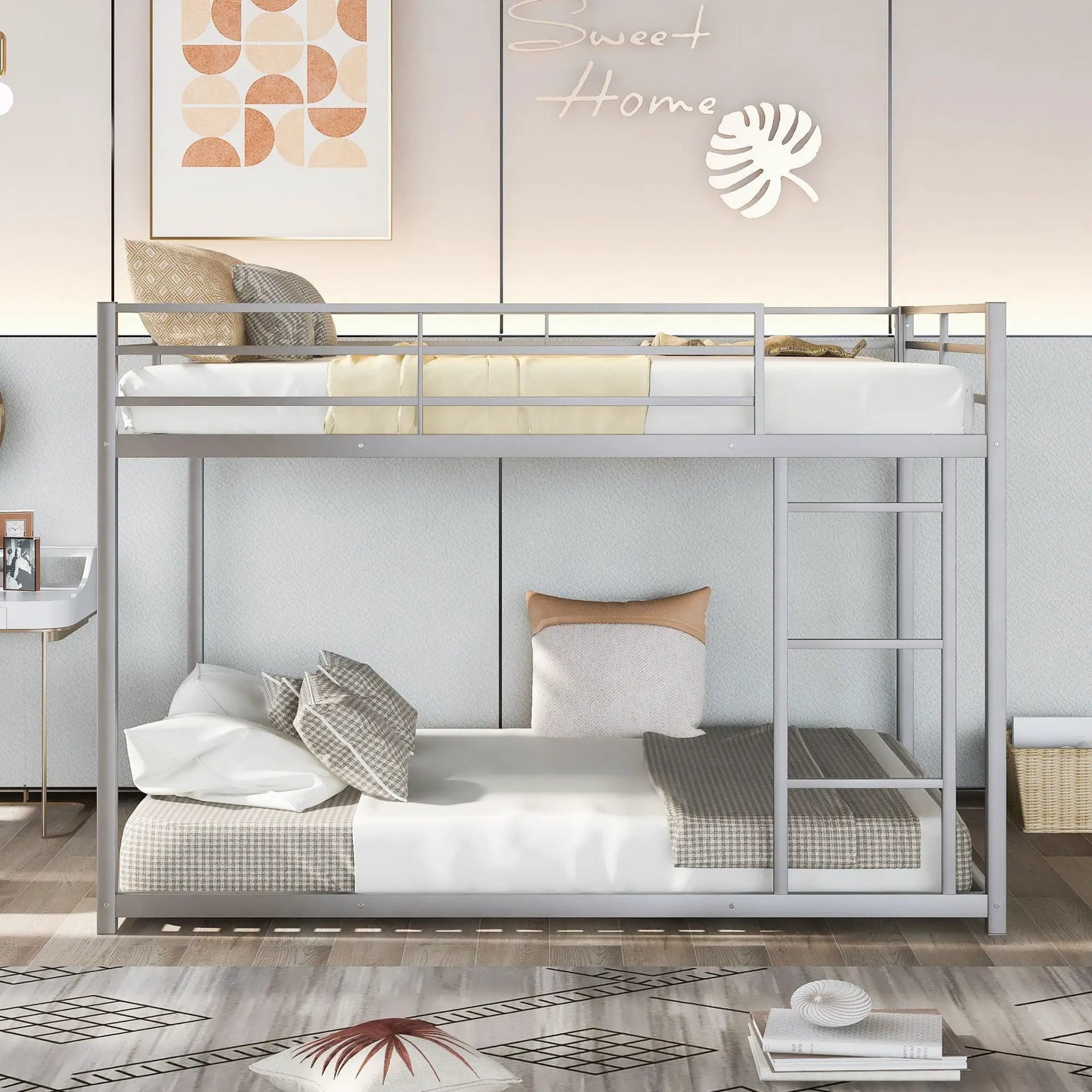 Metal bunk bed with ladder, low design in gray finish by Unique Piece Furniture on Tampa Home & Garden Store