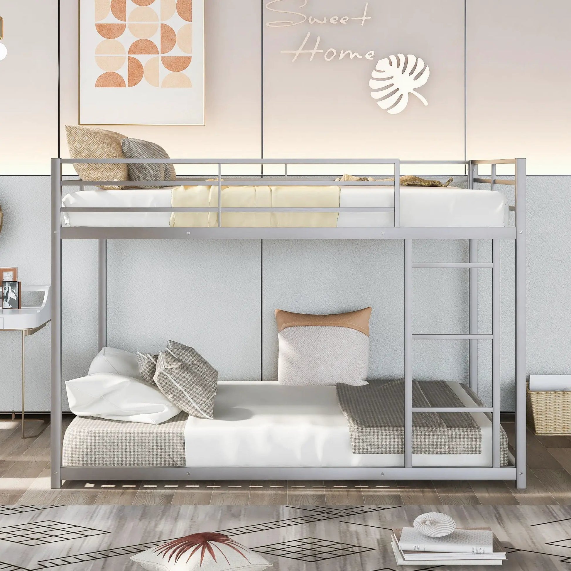 Metal bunk bed with ladder, low design in gray finish by Unique Piece Furniture on Tampa Home & Garden Store