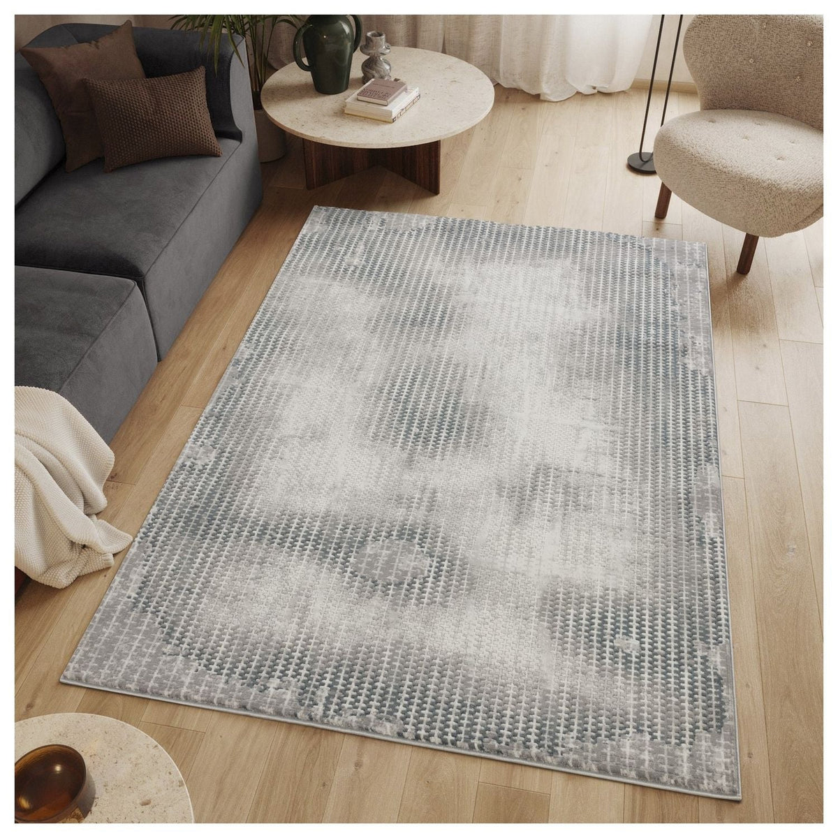 Gray contemporary area rug with Geometrix pattern from HouseOfZazla in neutral gray tones on Tampa Home & Garden Store