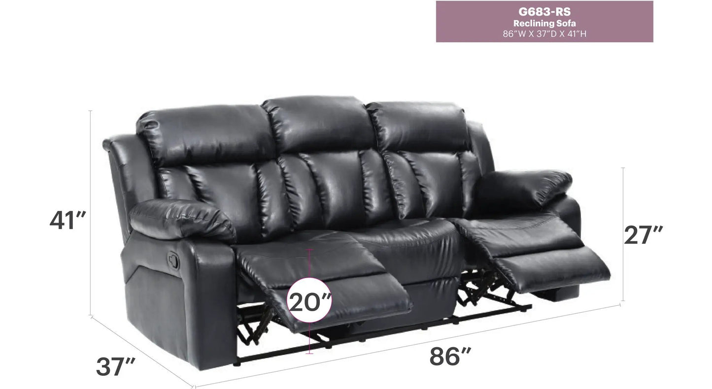 Reclining sofa black leather by Unique Piece Furniture with plush headrests and padded arms 86W on Tampa Home & Garden Store