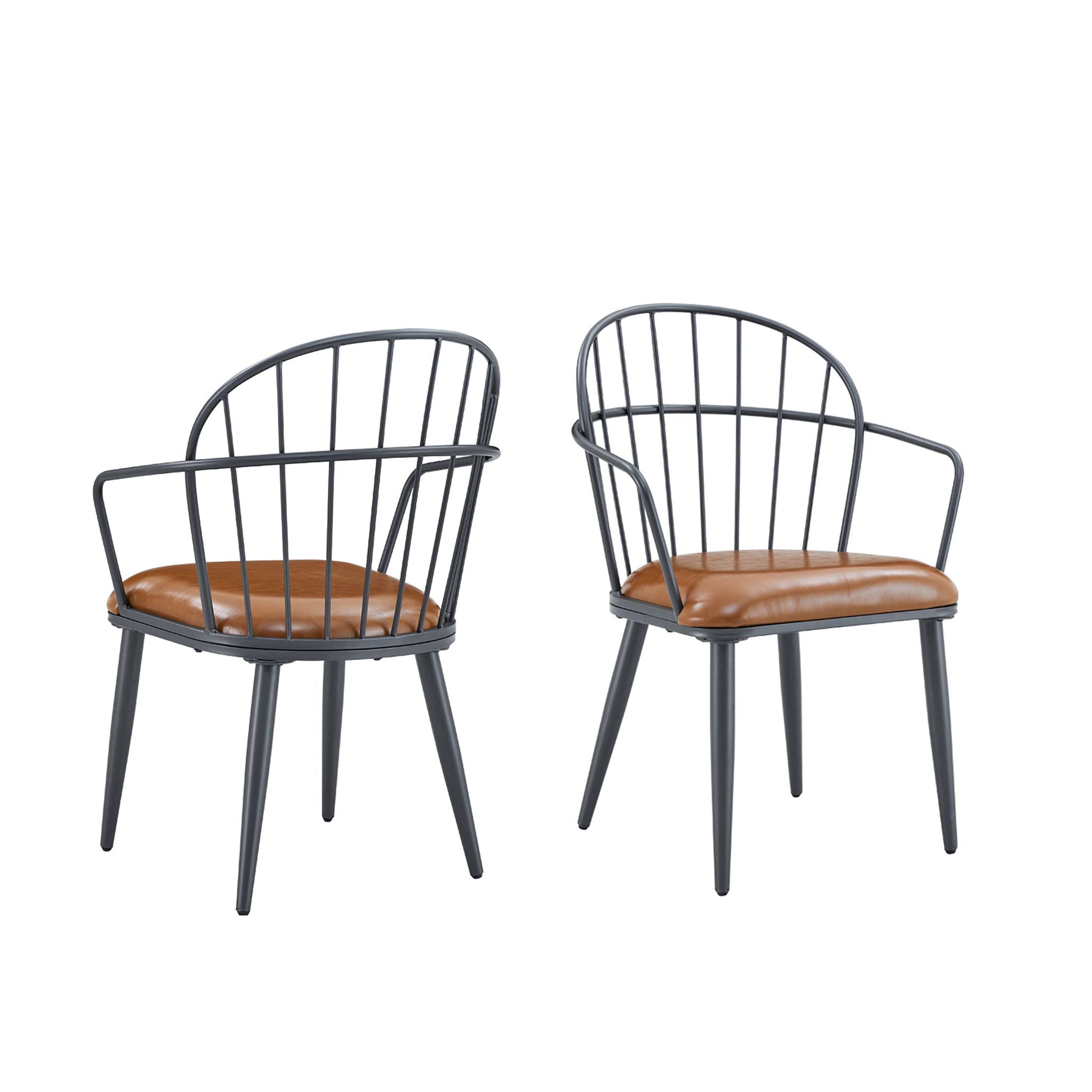 Industrial Inspired Upholstered Dining Chairs Set Brown Leather Cushions Wire Backrests Metal Legs Set of 2 on Tampa Home & Garden Store