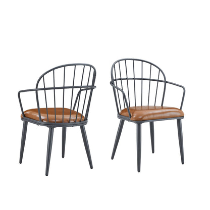 Industrial Inspired Upholstered Dining Chairs Set Brown Leather Cushions Wire Backrests Metal Legs Set of 2 on Tampa Home & Garden Store