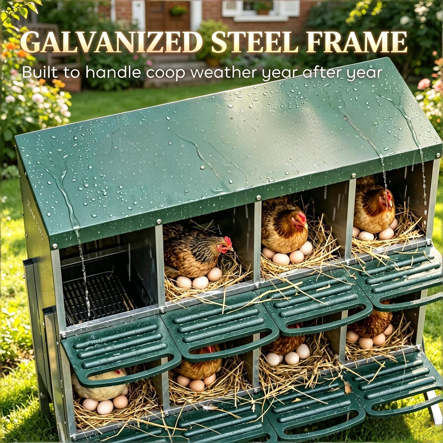 Egg laying boxes in galvanized steel nesting frame with hens and eggs HouseOfZazla on Tampa Home & Garden Store