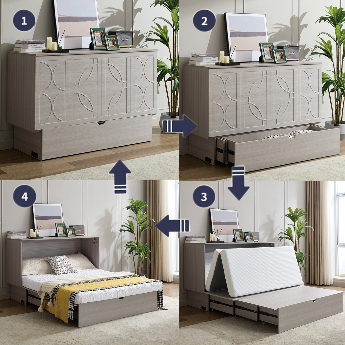 Cabinet bed with storage and foam mattress in light gray wood finish by HouseOfZazla — 2 views on Tampa Home & Garden Store