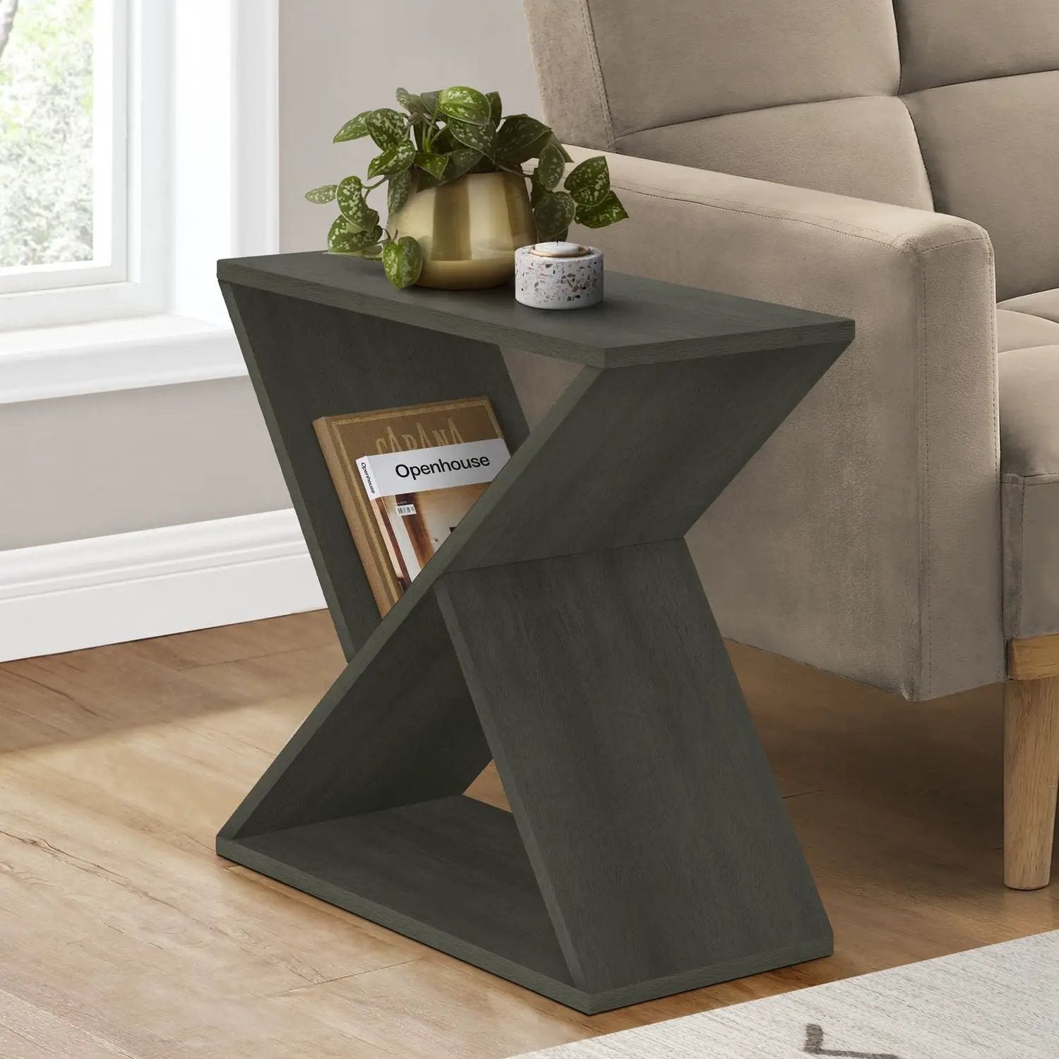 Accent Side Table in dark charcoal with a geometric X-base, gold vase and greenery on Tampa Home & Garden Store