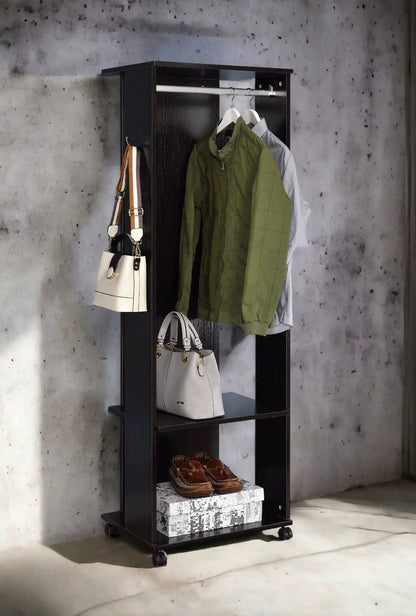 Kolen hall tree espresso with metal rod, green jacket and gray shirt on hangers, white handbags, on Tampa Home & Garden Store