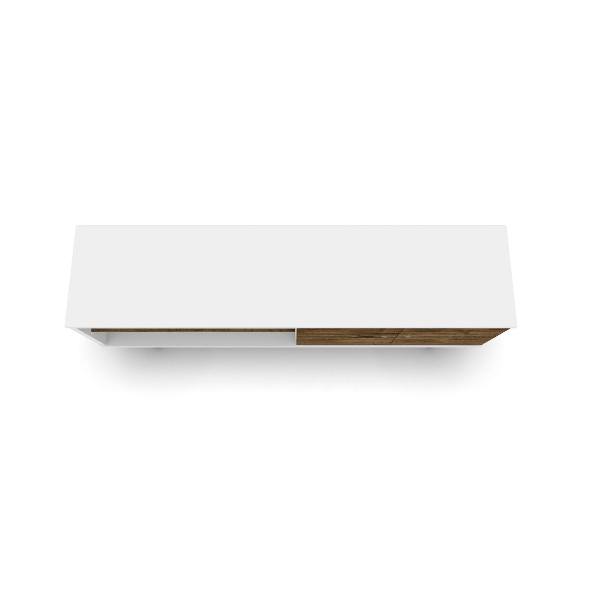 Liberty TV Stand by HouseOfZazla, white with wood veneer drawers and open storage on Tampa Home & Garden Store