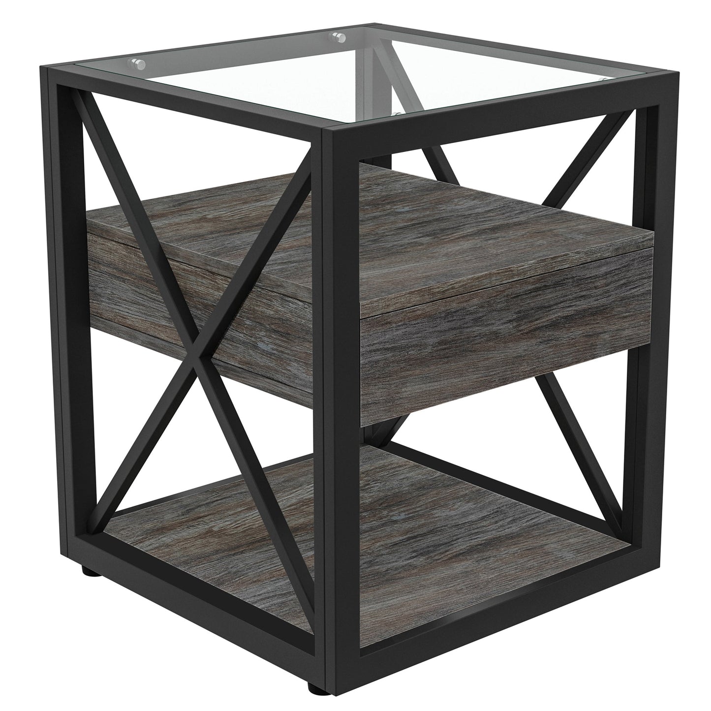 Set of 2 modern end tables with glass tops, black metal frames and wood grain lower shelves on Tampa Home & Garden Store