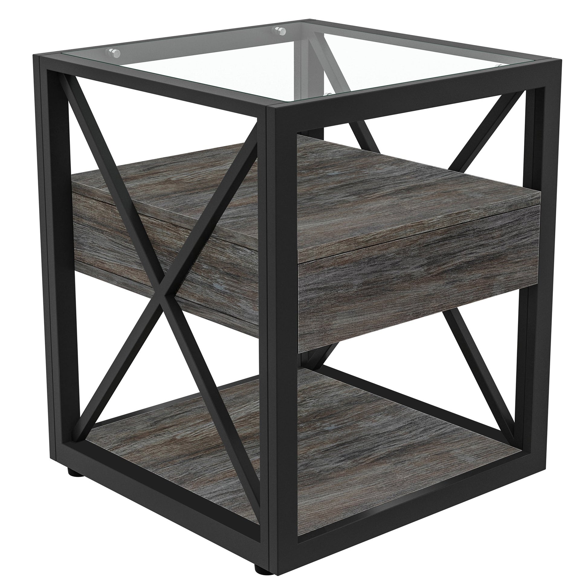 Set of 2 modern end tables with glass tops, black metal frames and wood grain lower shelves on Tampa Home & Garden Store