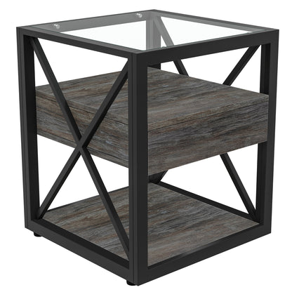 Set of 2 modern end tables with glass tops, black metal frames and wood grain lower shelves on Tampa Home & Garden Store