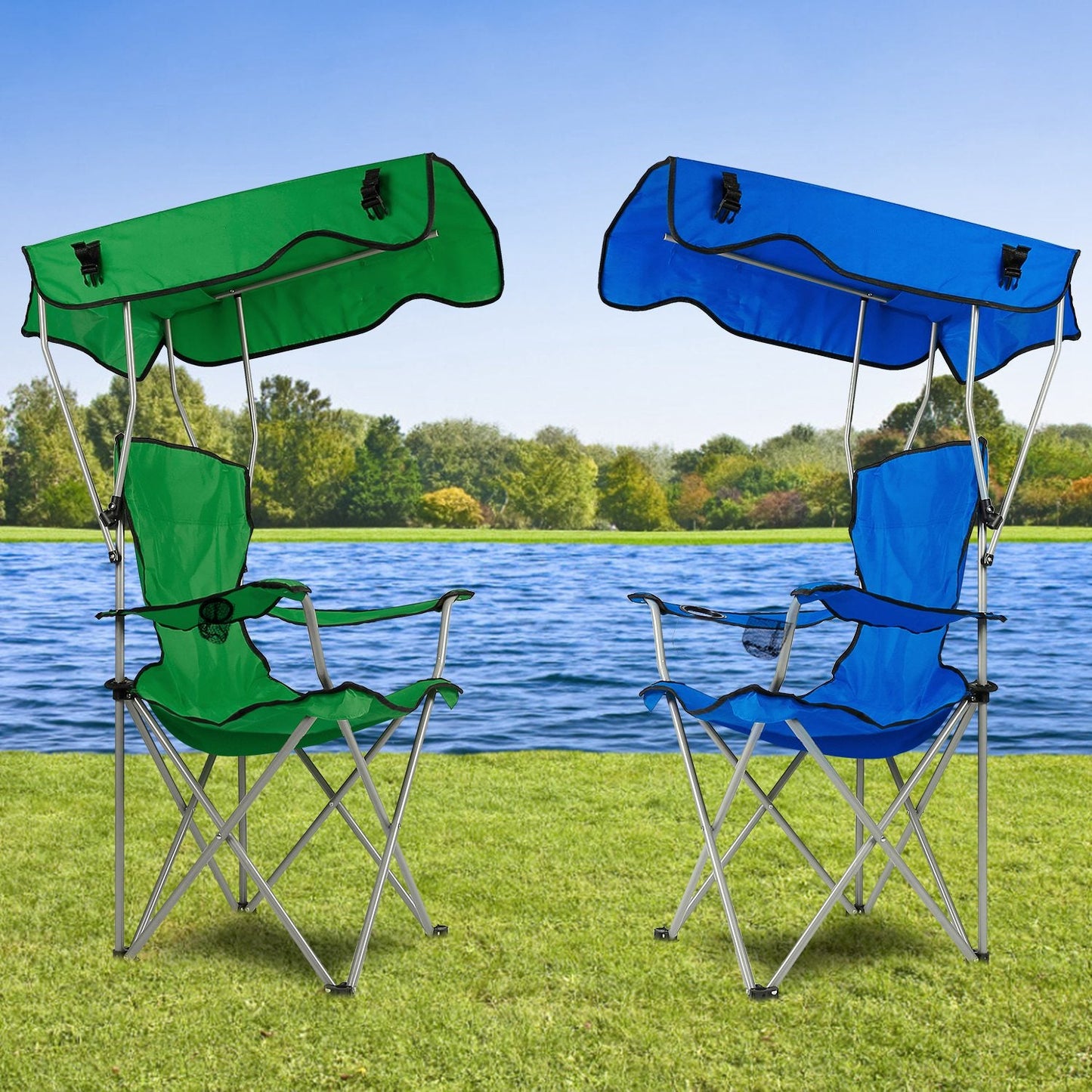 GemGear foldable canopy chairs green/blue with cup holders 2 chairs on Tampa Home & Garden Store