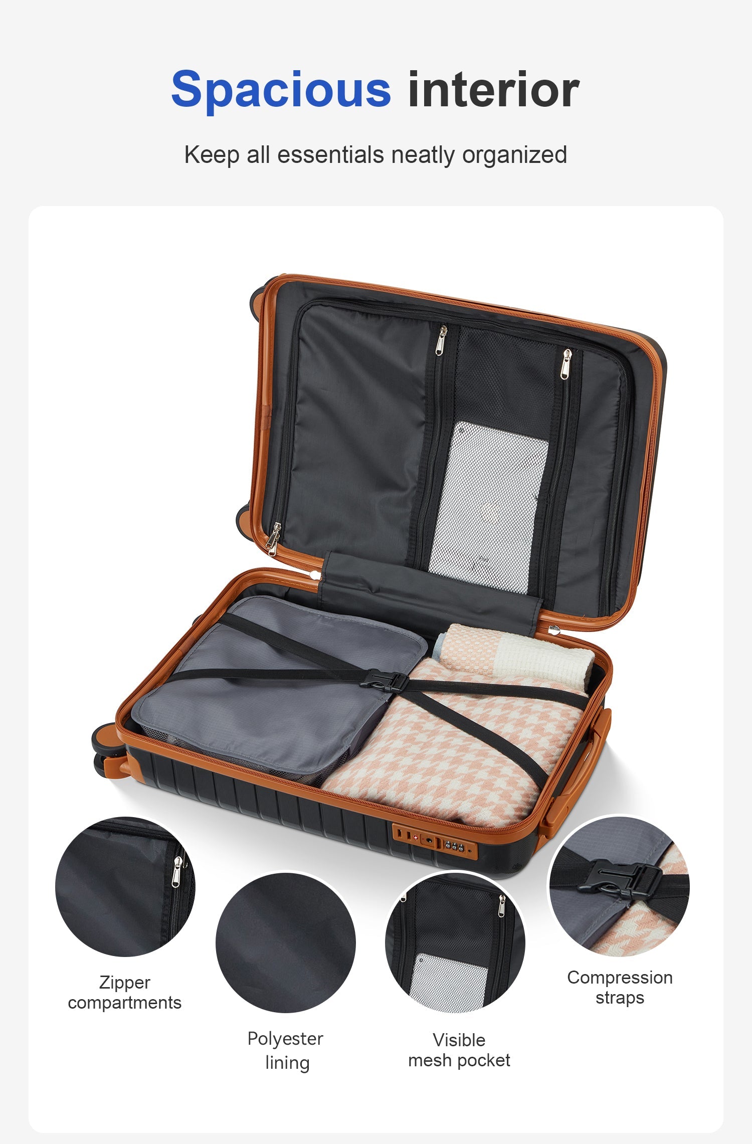 5-Piece Hardside Luggage Set HouseOfZazla orange trim with zipper pockets and compression straps on Tampa Home & Garden Store