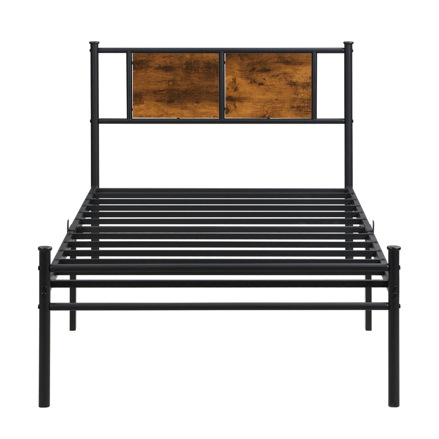Modern metal bedframe with headboard, HouseOfZazla black steel frame, wood panels, platform bed on Tampa Home & Garden Store