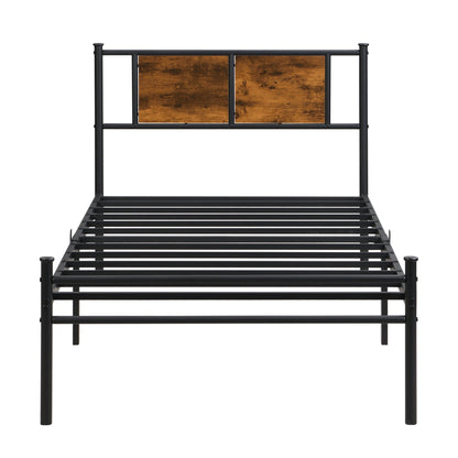 Modern metal bedframe with headboard, HouseOfZazla black steel frame, wood panels, platform bed on Tampa Home & Garden Store