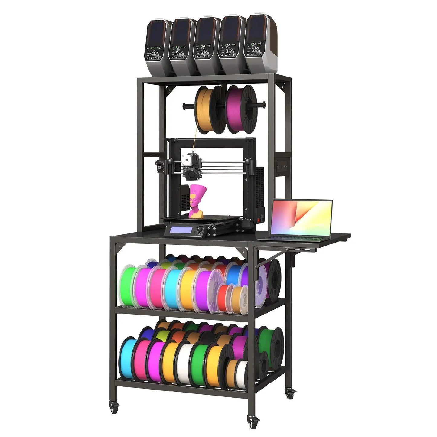 Heavy-duty black 3D printer stand with filament rack, holds 5 printers and spools on Tampa Home & Garden Store