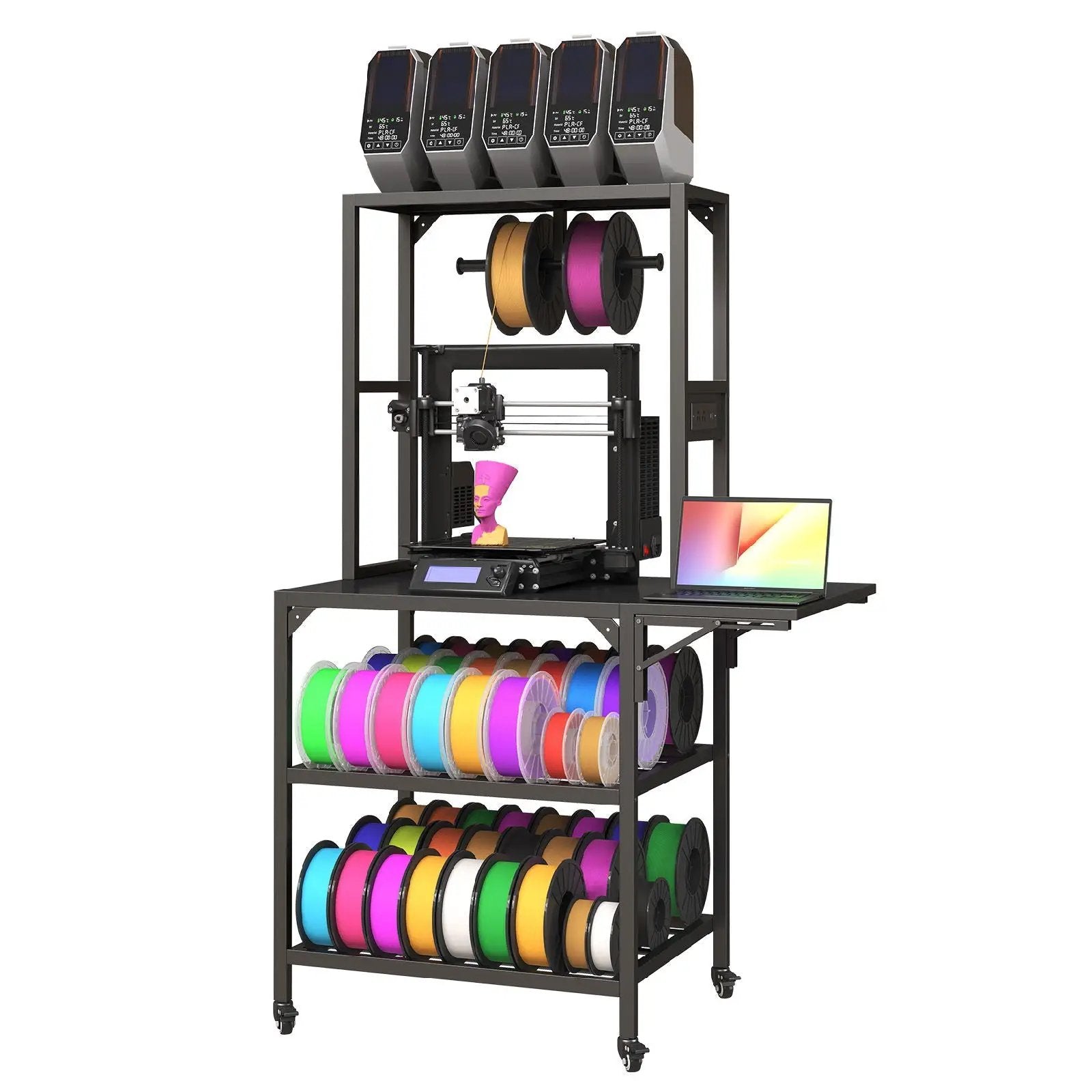 Heavy-duty black 3D printer stand with filament rack, holds 5 printers and spools on Tampa Home & Garden Store