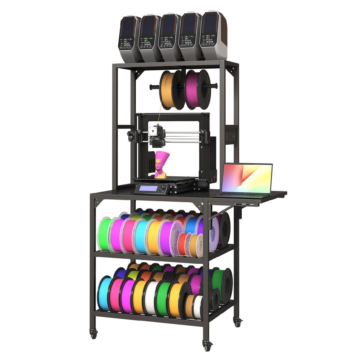 Heavy Duty 3D Printer Stand with Filament Storage Rack black steel; five printers and spools on Tampa Home & Garden Store