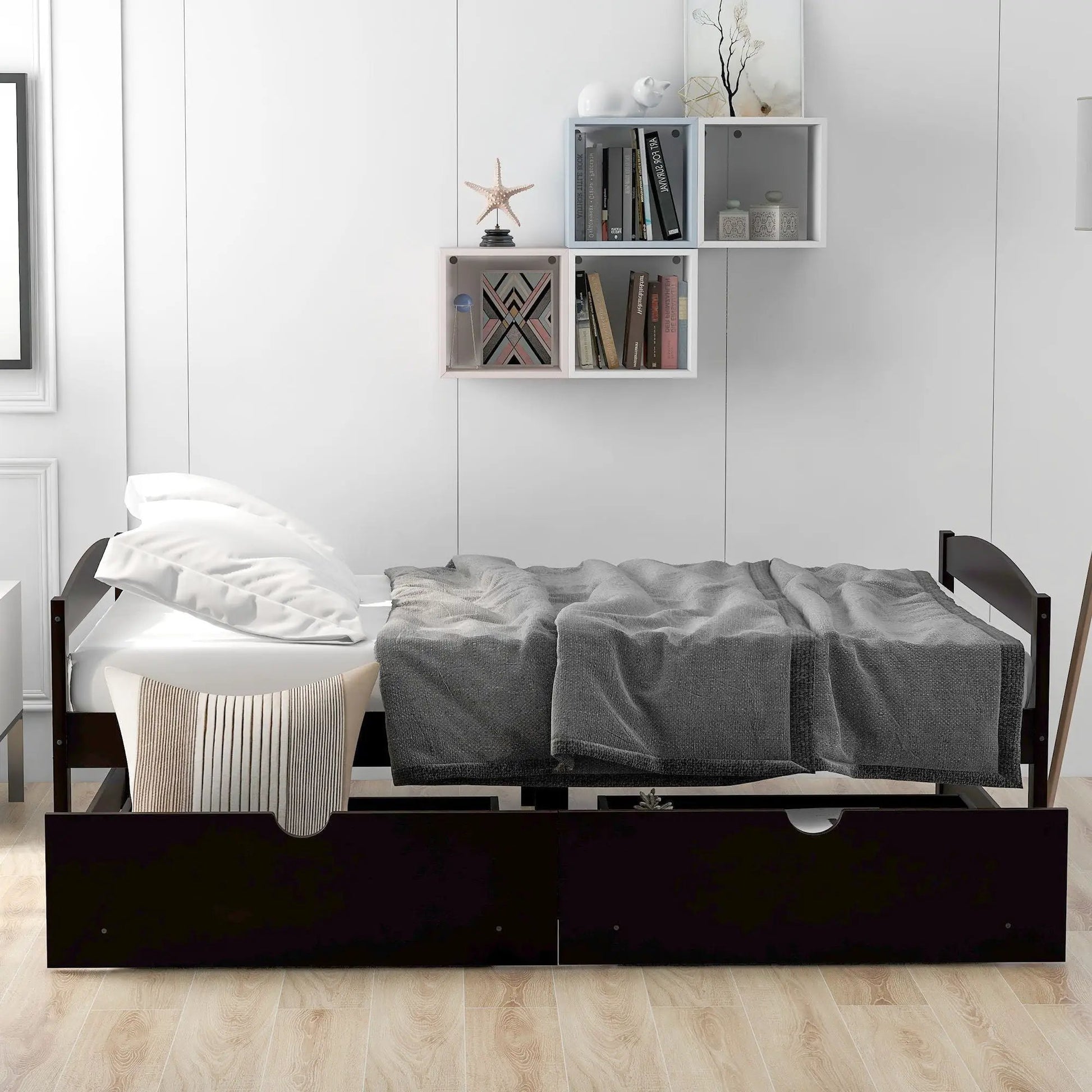 Black platform bed with 2 under-bed drawers by Unique Piece Furniture for organized bedroom on Tampa Home & Garden Store