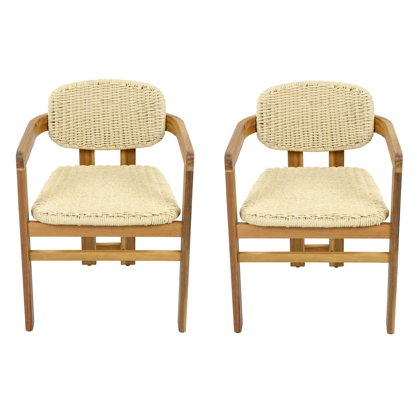 Outdoor Accent Armchairs Set of 2 Natural Teak with woven wicker backs and seats on Tampa Home & Garden Store