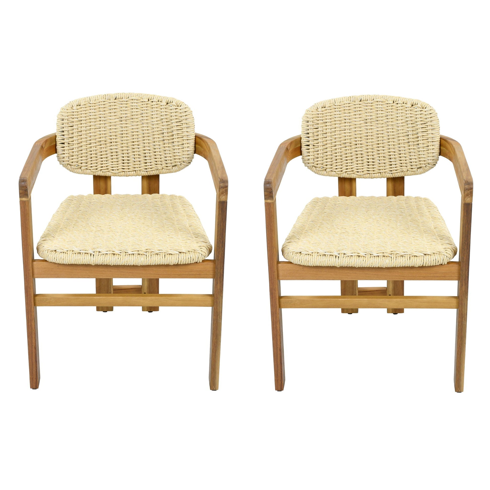 Outdoor Accent Armchairs Set of 2 Natural Teak with woven wicker backs and seats on Tampa Home & Garden Store