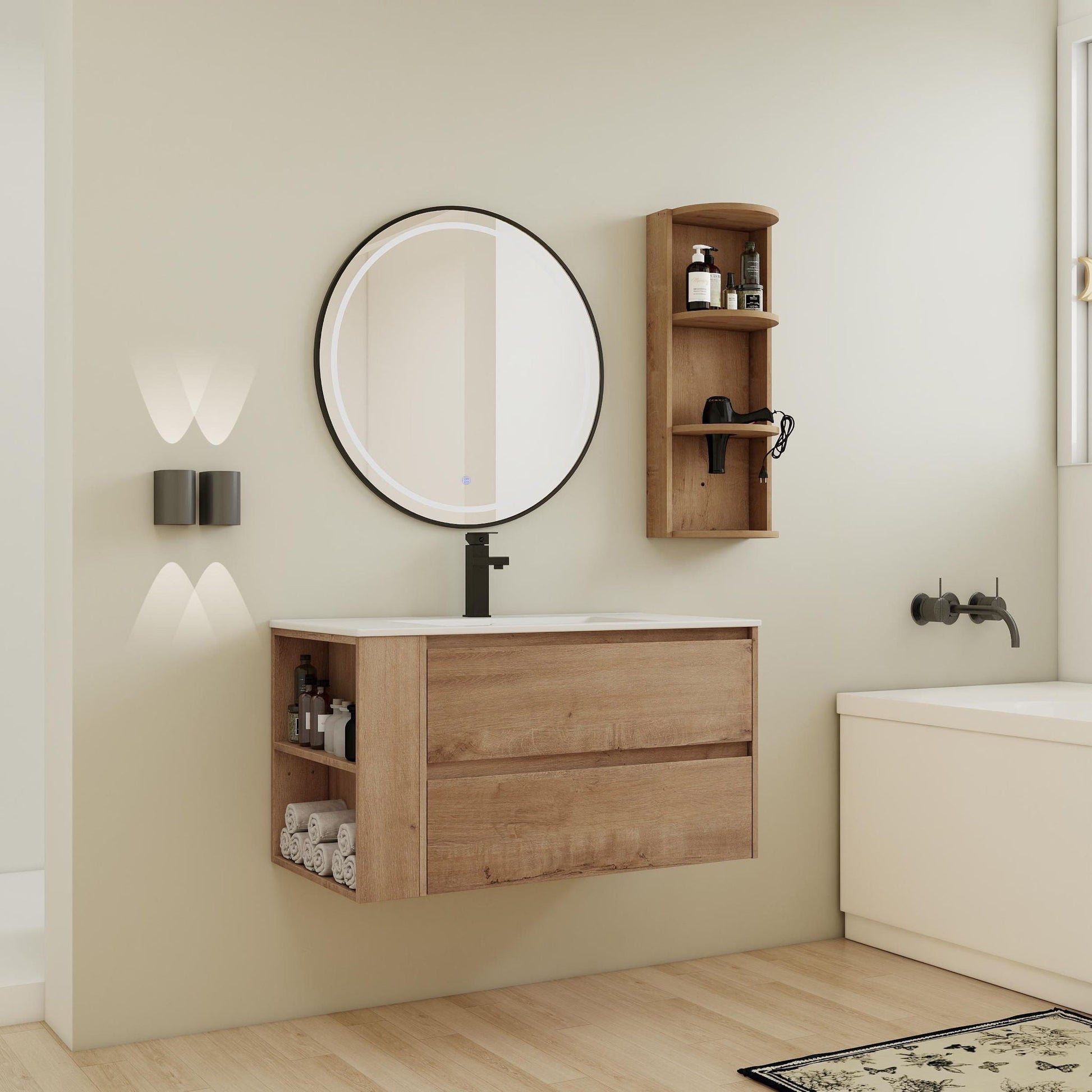 Modern wall-mounted vanity by HouseOfZazla with ceramic sink and wooden storage rack on Tampa Home & Garden Store