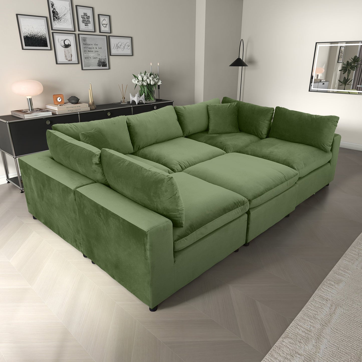Hayward Olive Sectional Sofa, olive green velvet, HouseOfZazla sectional sofa in modern living room on Tampa Home & Garden Store