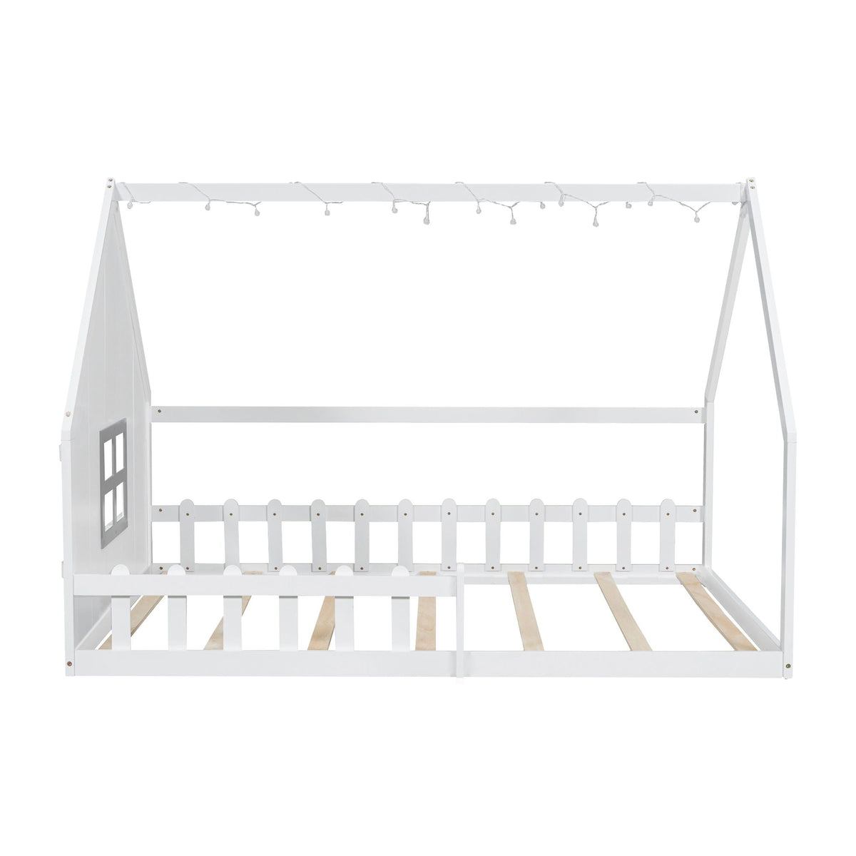 House Bed With Window And Fence by HouseOfZazla, white platform frame with string lights on Tampa Home & Garden Store