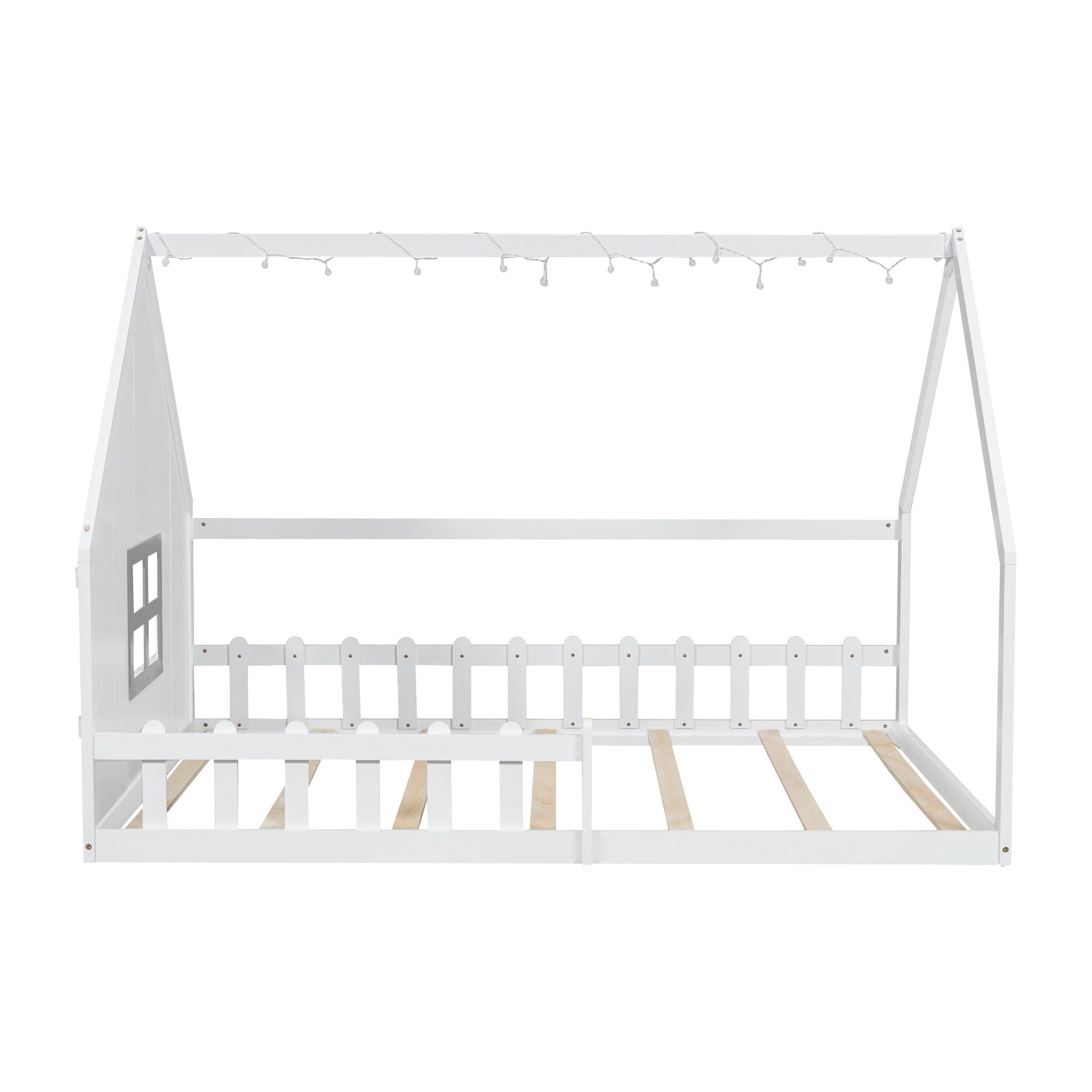House Bed With Window And Fence by HouseOfZazla, white platform frame with string lights on Tampa Home & Garden Store
