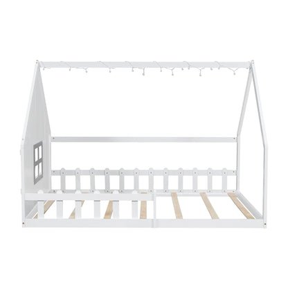 House Bed With Window And Fence by HouseOfZazla, white platform frame with string lights on Tampa Home & Garden Store