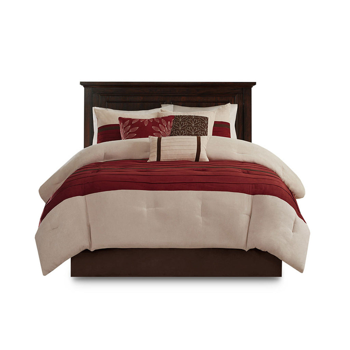 7 PC Faux Suede Comforter Set Red Cal King quilted comforter and pillows on dark wood bed on Tampa Home & Garden Store