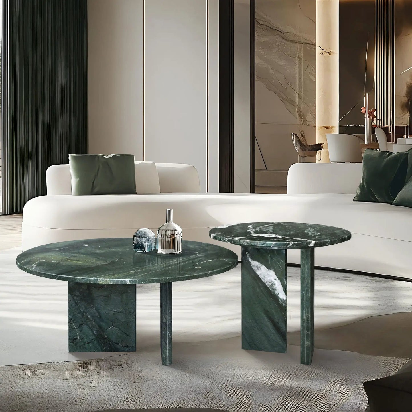 Elegant Coffee Duo Table Set two round green marble-top coffee tables with thick pedestals on Tampa Home & Garden Store