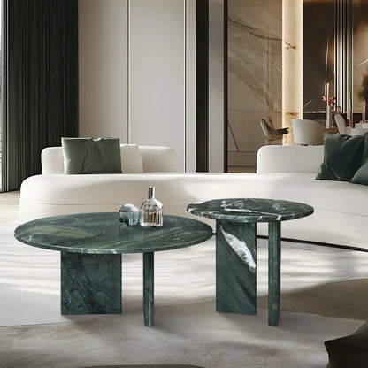 Elegant Coffee Duo Table Set two round green marble-top coffee tables with thick pedestals on Tampa Home & Garden Store