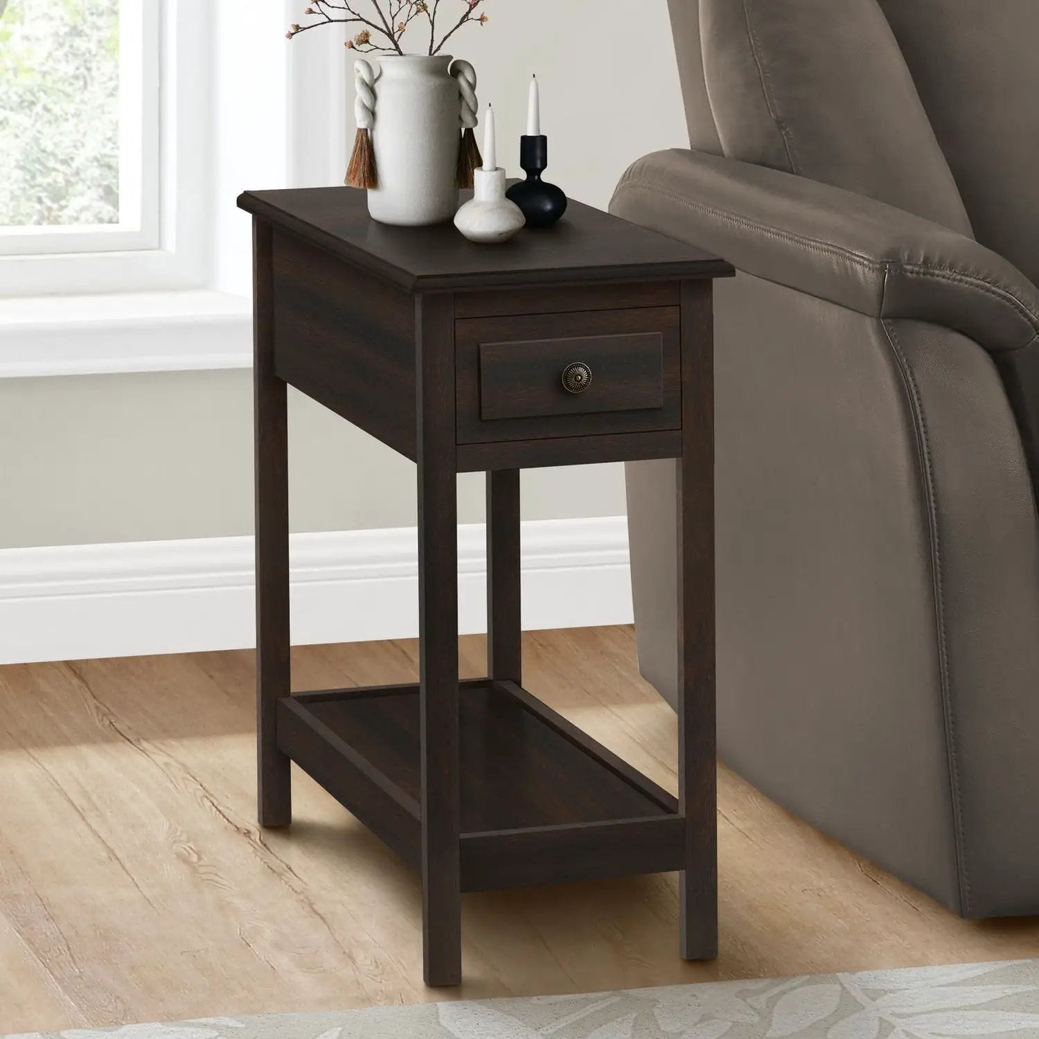 Accent End Table with 2 tiers and a front storage drawer in dark walnut finish on Tampa Home & Garden Store