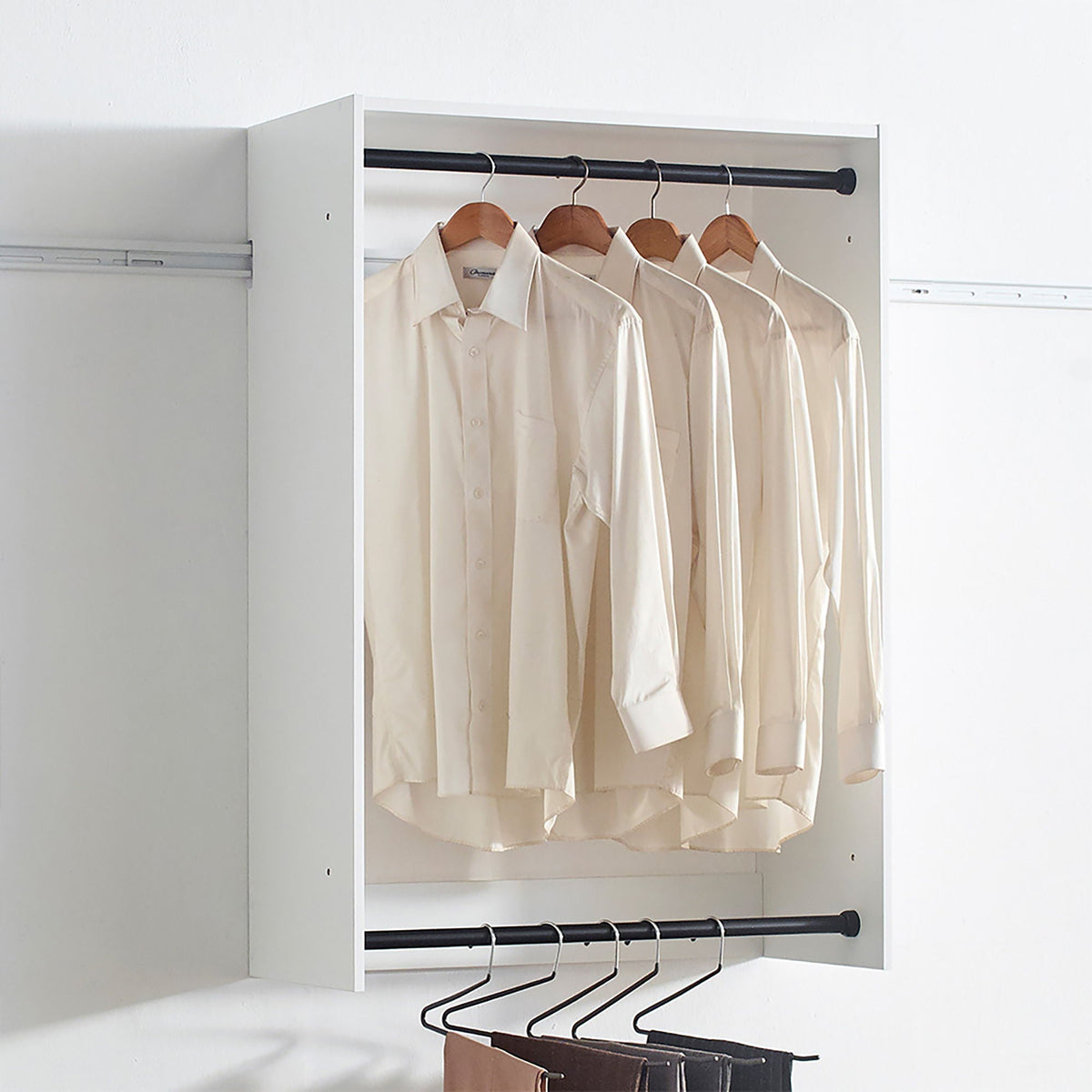 Wall Mounted Wood Closet System with Modular Units in white, triple wardrobe with black rods on Tampa Home & Garden Store