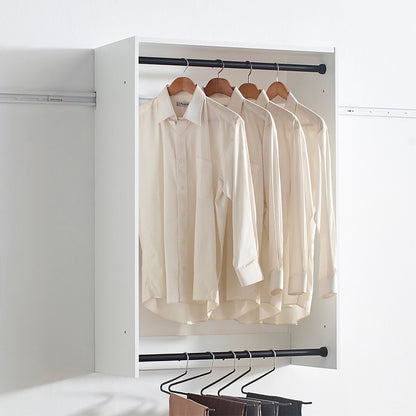 Wall Mounted Wood Closet System with Modular Units in white, triple wardrobe with black rods on Tampa Home & Garden Store