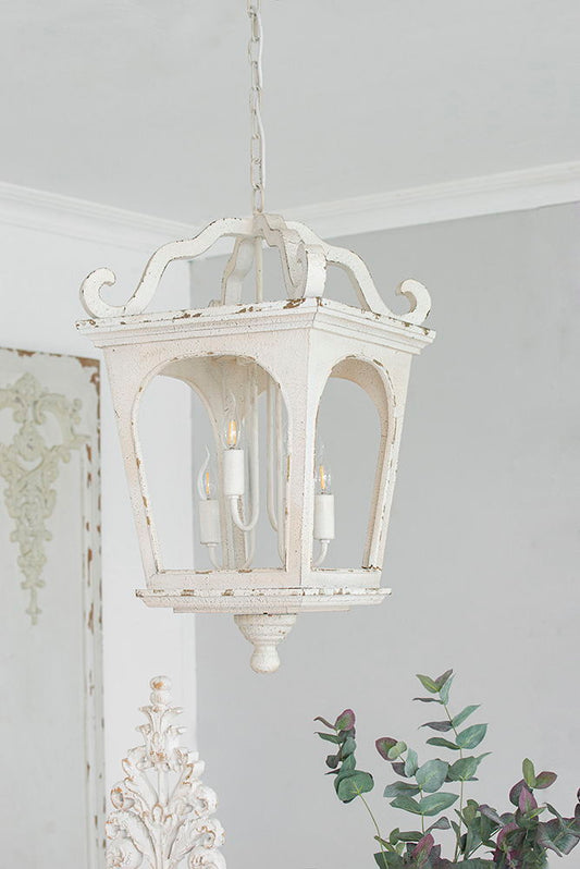4 Light Chandelier cream white distressed finish with glass panels hanging chain HouseOfZazla on Tampa Home & Garden Store