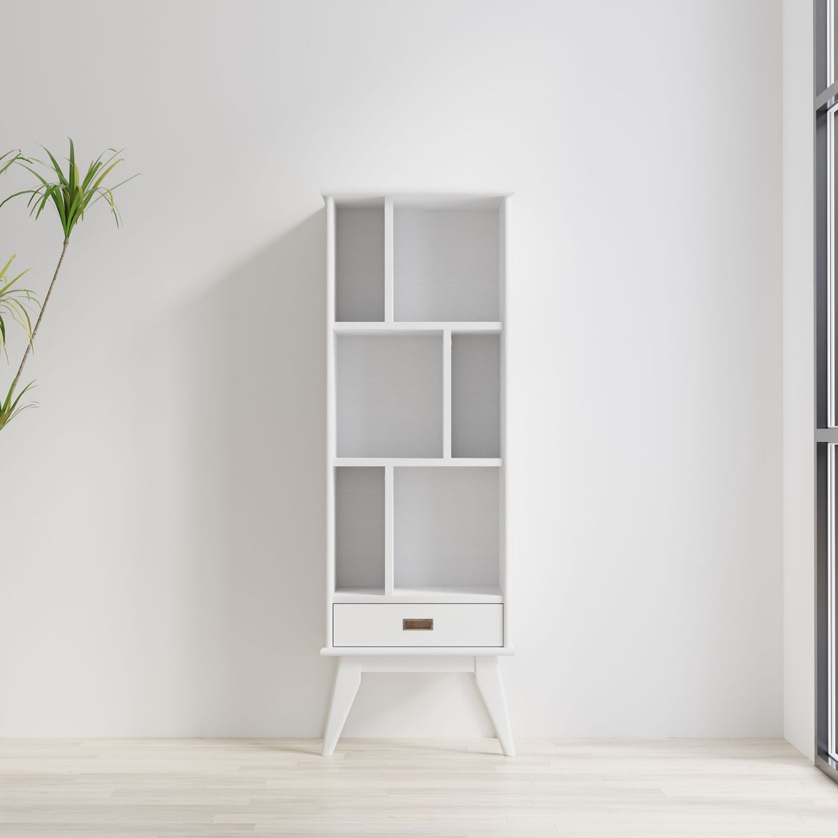 Mid Century Wide Bookcase and Storage Drawers white with cubby shelves and wood drawer pull on Tampa Home & Garden Store