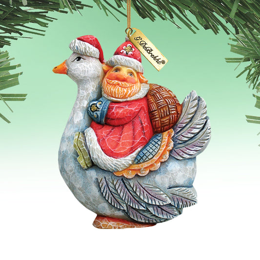 Santa on goose sculpted ornament featuring two figures, by G. DeBrekht, red hat on Tampa Home & Garden Store