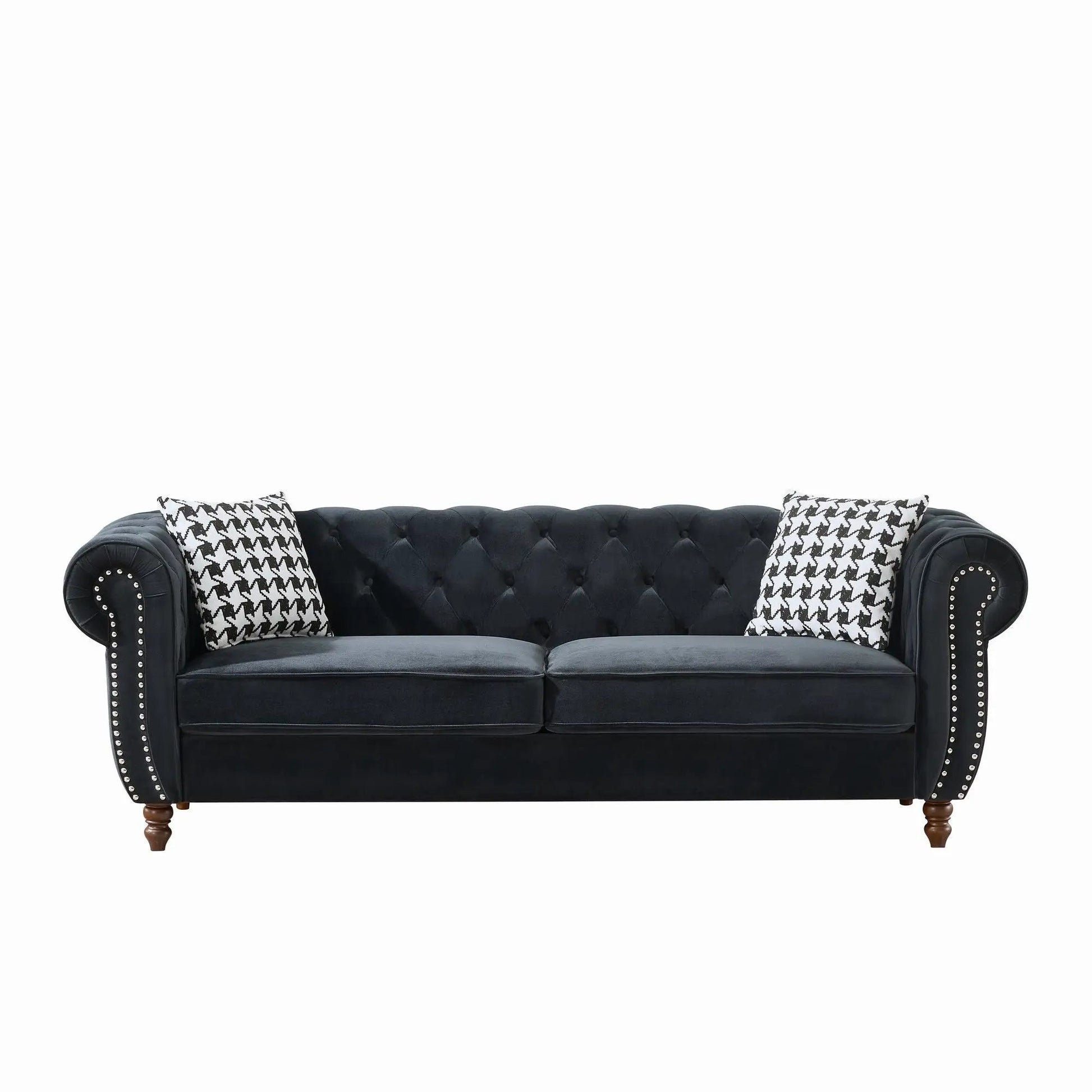 Chesterfield 3+2 seater sofa in black faux leather with roll arms and nailhead trim on Tampa Home & Garden Store